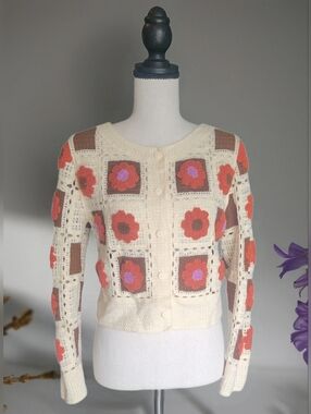 Everleigh Patchwork Granny Boho Retro Square Floral Cropped Cardigan Sz M